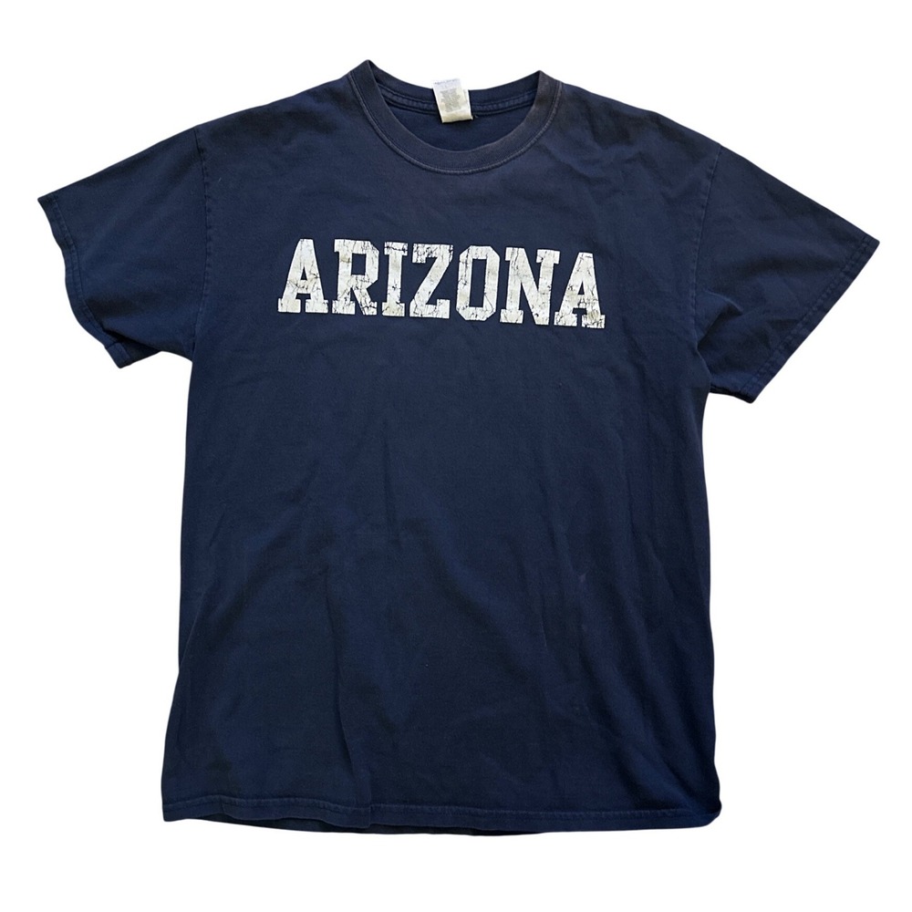 Gildan Ultra Cotton Arizona Graphic T-Shirt Navy Blue Distressed Print Mens M